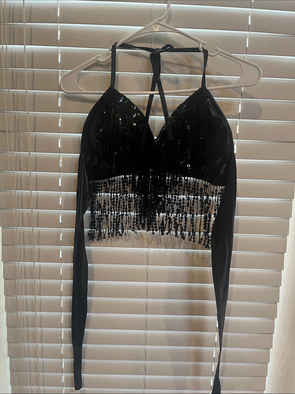 Black Sequin Fringe Halter Crop Top